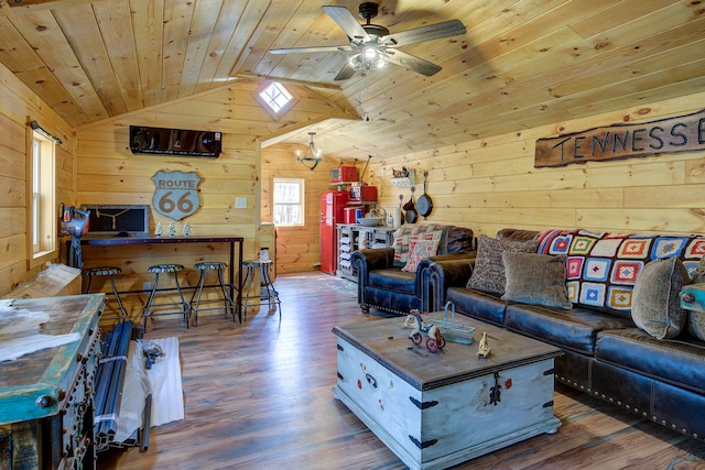 living room featuring wooden ceiling, vaulted ceiling, ceiling fan, wooden walls, and dark hardwood / wood-style flooring