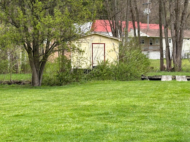 view of yard with a storage shed