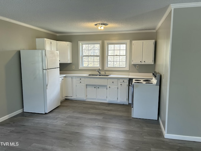 kitchen featuring white cabinetry, white appliances, crown molding, and sink