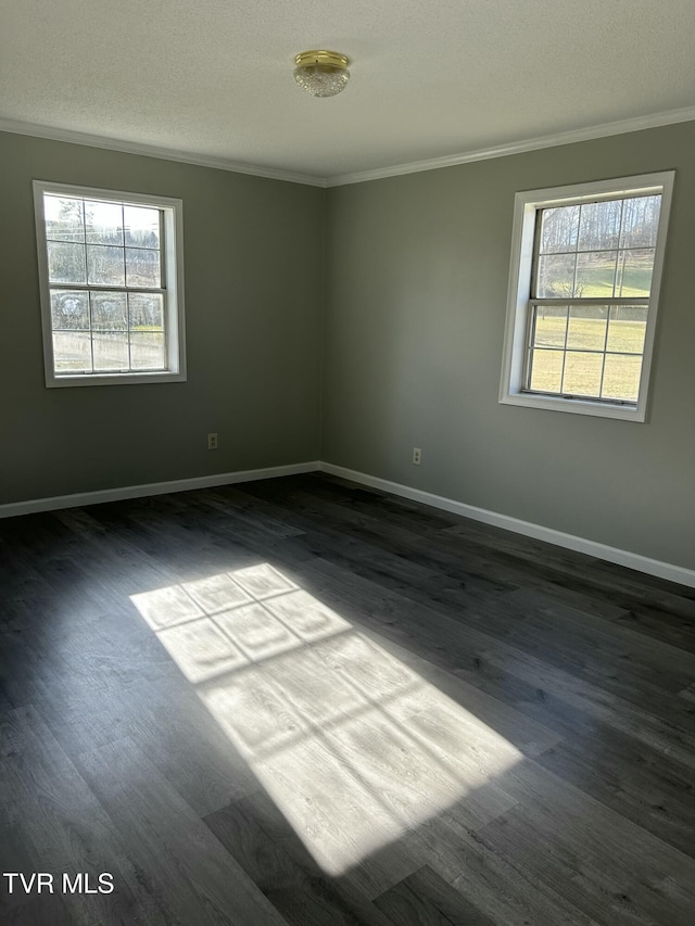 unfurnished room with hardwood / wood-style flooring, a wealth of natural light, ornamental molding, and a textured ceiling