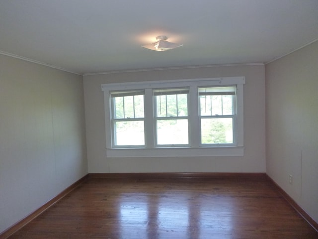 spare room with ornamental molding and dark wood-type flooring