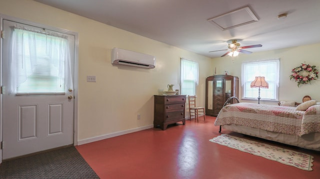 bedroom with multiple windows, ceiling fan, and an AC wall unit