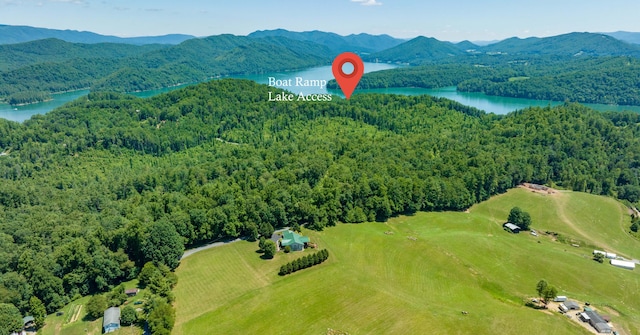 bird's eye view with a water and mountain view