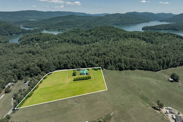 drone / aerial view featuring a water and mountain view