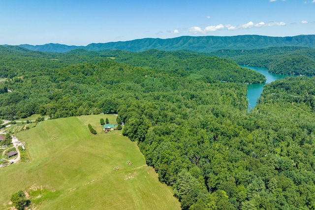 drone / aerial view featuring a water and mountain view