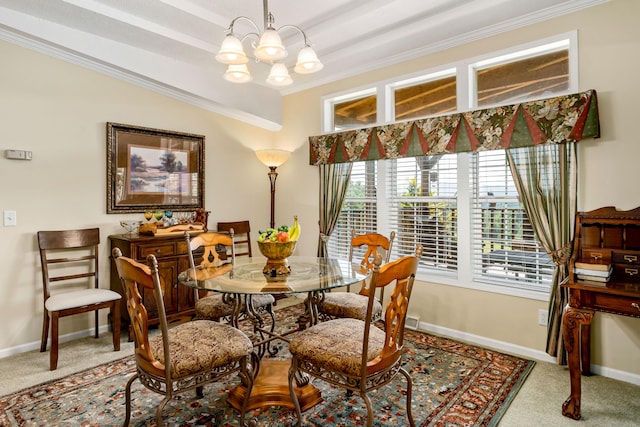 dining space featuring a chandelier, light colored carpet, lofted ceiling, and crown molding