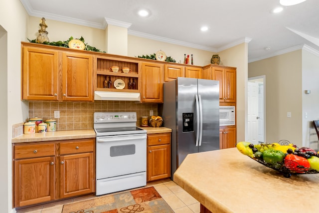 kitchen featuring light tile floors, tasteful backsplash, ornamental molding, and white appliances