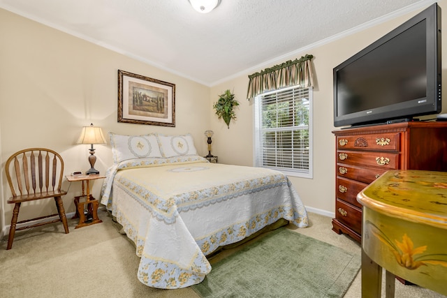 bedroom with light carpet, ornamental molding, and a textured ceiling