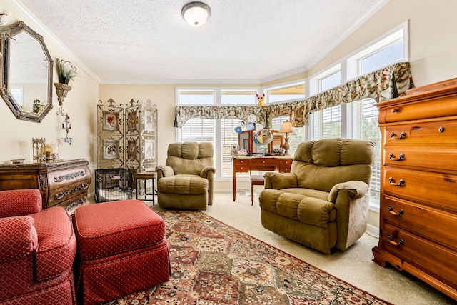 living area with ornamental molding, light carpet, vaulted ceiling, and a textured ceiling