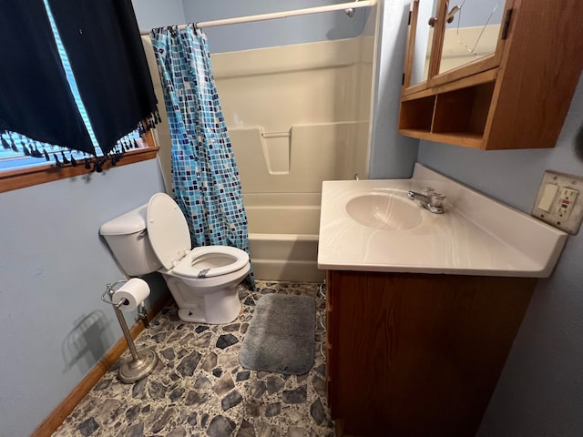 full bathroom with vanity, toilet, shower / bath combo, and tile floors