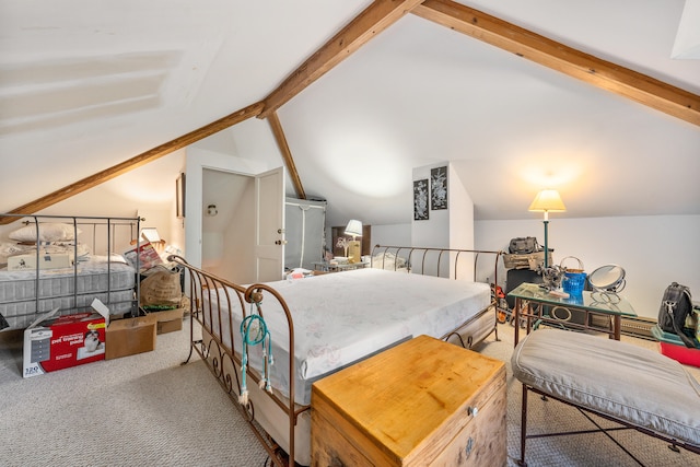 carpeted bedroom with lofted ceiling