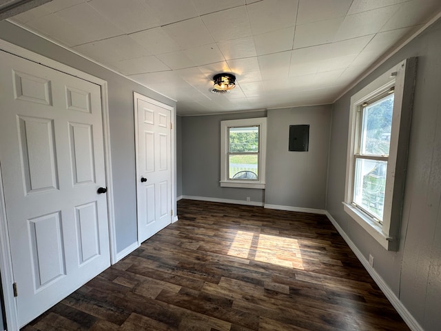 unfurnished bedroom with dark hardwood / wood-style flooring and multiple windows