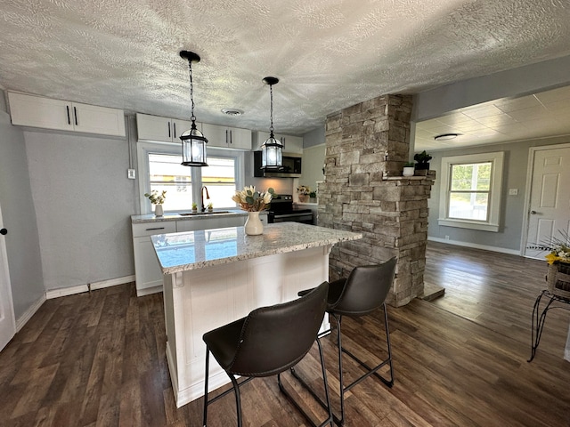 kitchen with dark hardwood / wood-style flooring, stainless steel appliances, and white cabinets