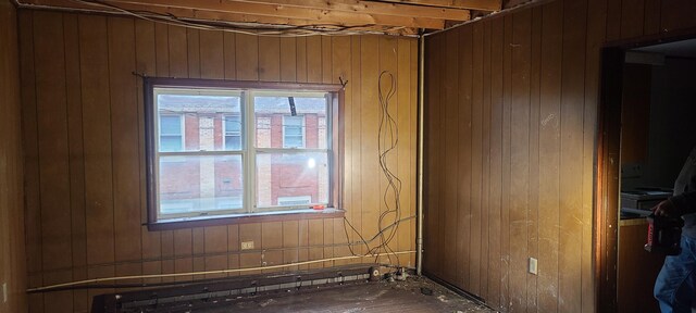 empty room featuring wooden walls and plenty of natural light