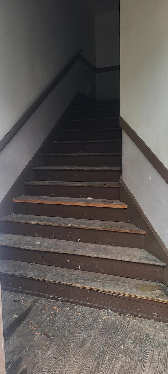 stairway with dark hardwood / wood-style floors