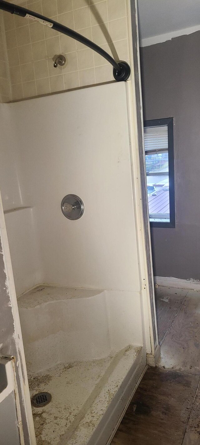 bathroom with wood-type flooring and tiled shower