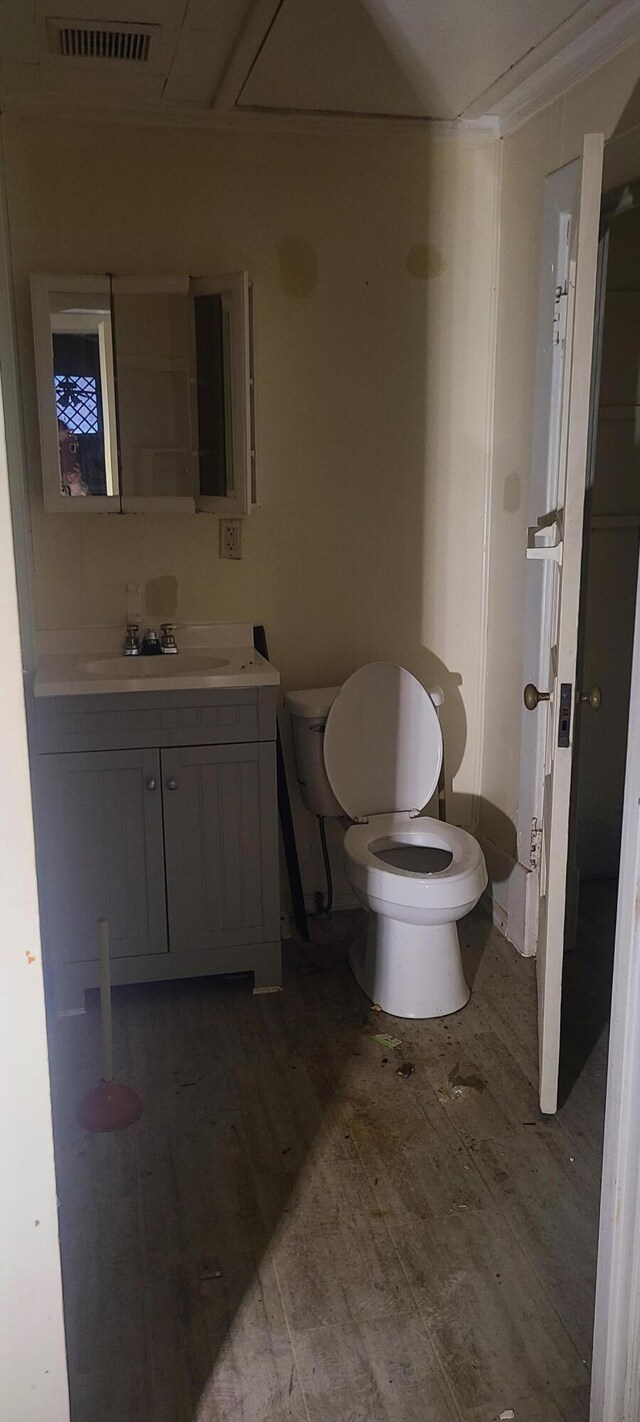 bathroom featuring oversized vanity, toilet, and wood-type flooring