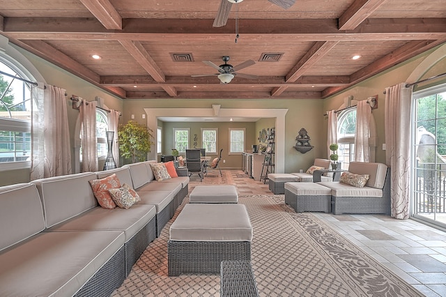 living room featuring wood ceiling, ceiling fan, plenty of natural light, and beamed ceiling