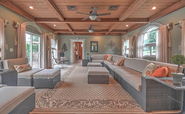 interior space featuring ceiling fan, beamed ceiling, wood ceiling, and plenty of natural light