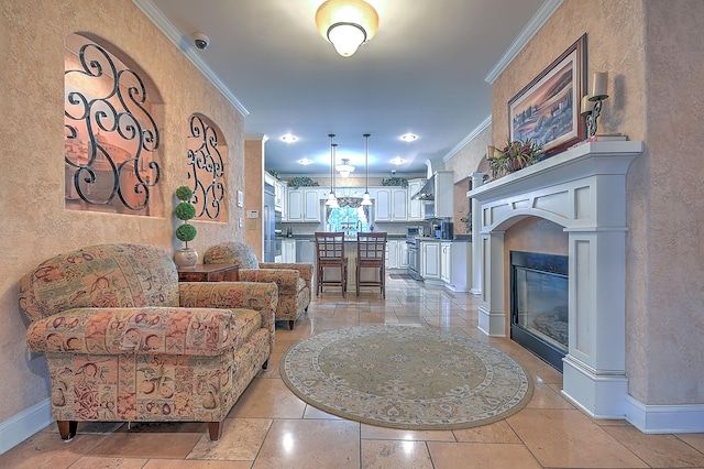 living room featuring ornamental molding and light tile floors