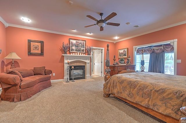 bedroom with ceiling fan, ornamental molding, and light carpet