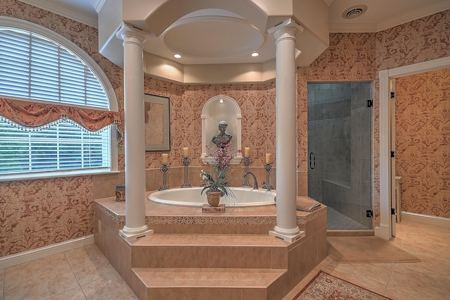 bathroom featuring ornate columns, tile flooring, a wealth of natural light, and independent shower and bath