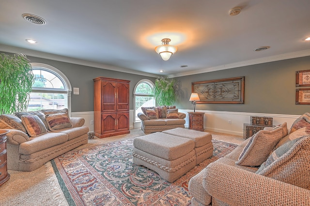 living room with crown molding