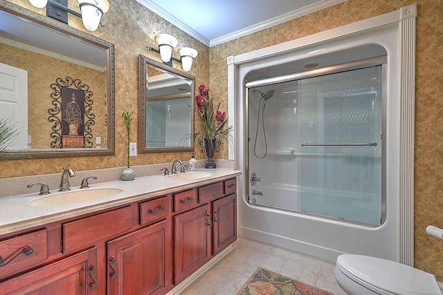 full bathroom with toilet, enclosed tub / shower combo, tile walls, tile flooring, and double sink vanity