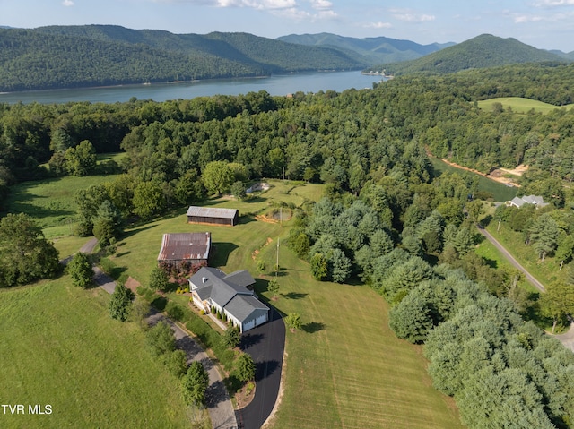 birds eye view of property with a water and mountain view