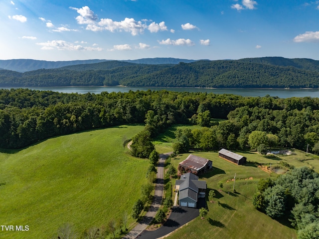 bird's eye view featuring a water and mountain view