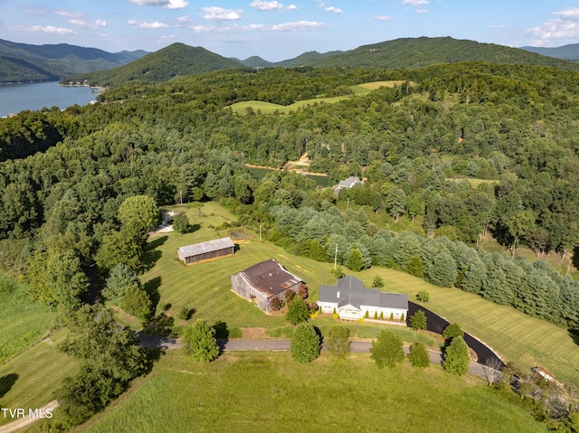 birds eye view of property featuring a water and mountain view and a rural view