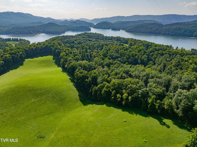 aerial view featuring a water and mountain view