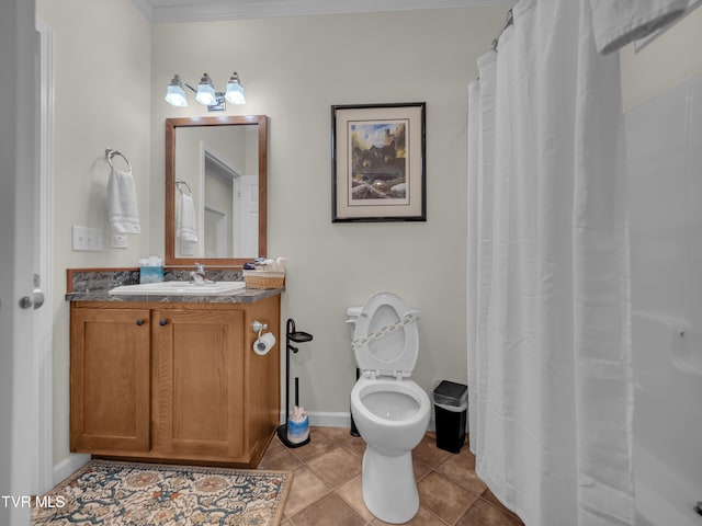 bathroom with vanity, walk in shower, tile patterned flooring, toilet, and ornamental molding