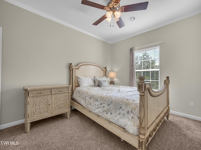 carpeted bedroom with crown molding and ceiling fan