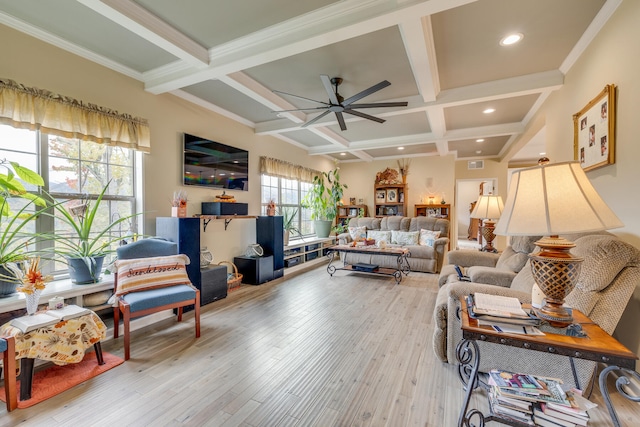 living room featuring coffered ceiling, beam ceiling, ceiling fan, light hardwood / wood-style flooring, and crown molding