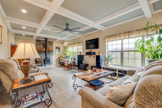 living room with coffered ceiling, beamed ceiling, a wood stove, light hardwood / wood-style flooring, and ceiling fan