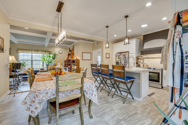 dining room featuring coffered ceiling, crown molding, beam ceiling, and light tile flooring