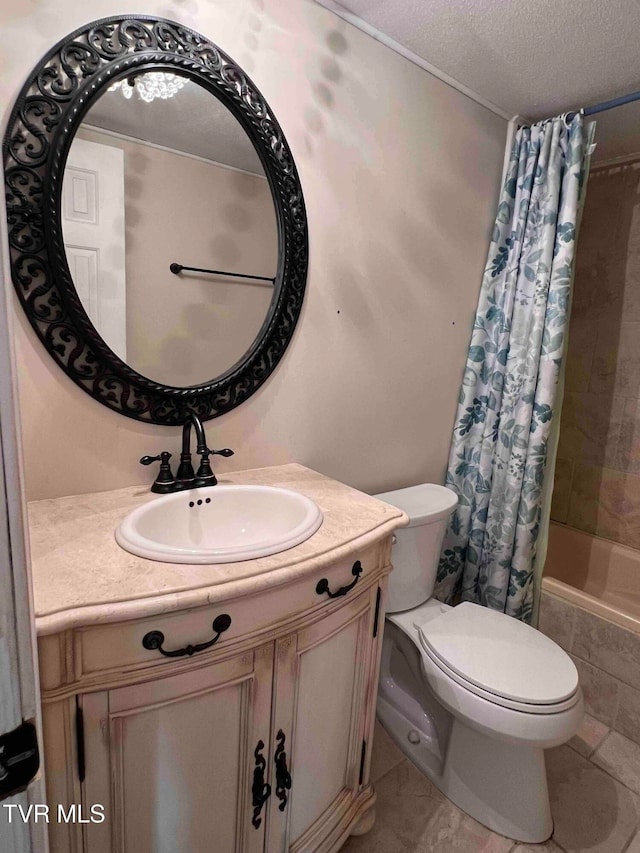 full bathroom featuring tile patterned floors, a textured ceiling, vanity, shower / tub combo with curtain, and toilet