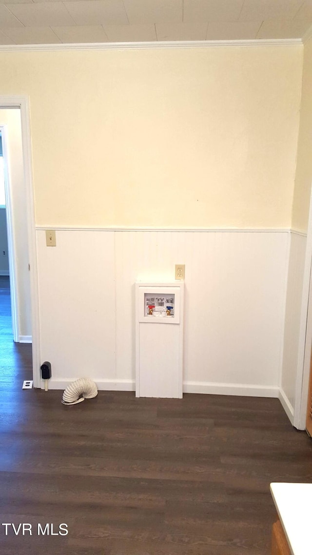 1110 Hickory Flats Rd, Pennington Gap, VA 24277 - laundry room featuring crown molding, dark wood-style flooring, washer hookup, and a wainscoted wall