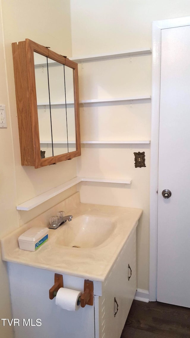 bathroom with vanity and wood-type flooring