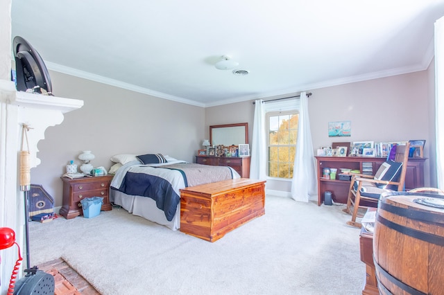 bedroom with light colored carpet and ornamental molding