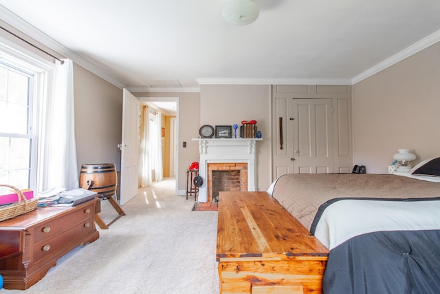 carpeted bedroom with ornamental molding