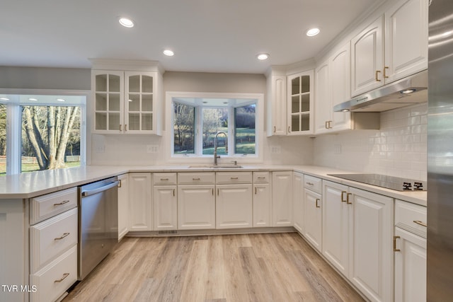 kitchen with tasteful backsplash, light hardwood / wood-style floors, a healthy amount of sunlight, and white cabinetry