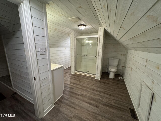 bathroom with wooden ceiling, wood walls, wood-type flooring, vaulted ceiling, and toilet