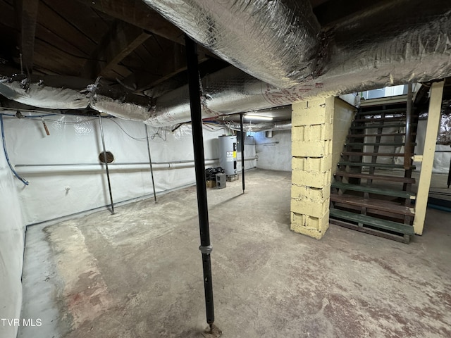 unfinished basement with water heater and stairway