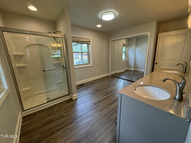 bathroom featuring hardwood / wood-style floors, vanity, and walk in shower