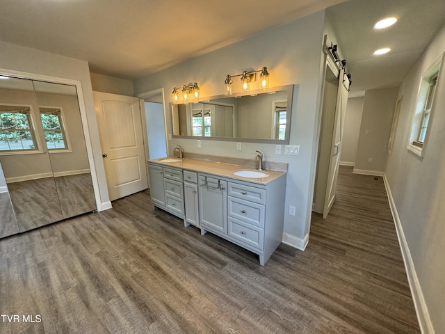 full bathroom featuring double vanity, wood finished floors, baseboards, and a sink