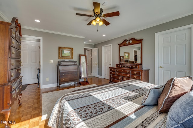 bedroom with light parquet floors, ceiling fan, and ornamental molding