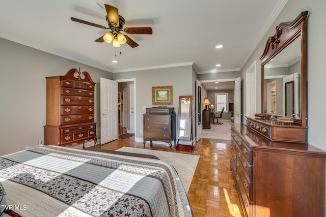 bedroom featuring ceiling fan, ornamental molding, and light parquet flooring