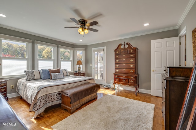 bedroom with light parquet flooring, crown molding, and ceiling fan